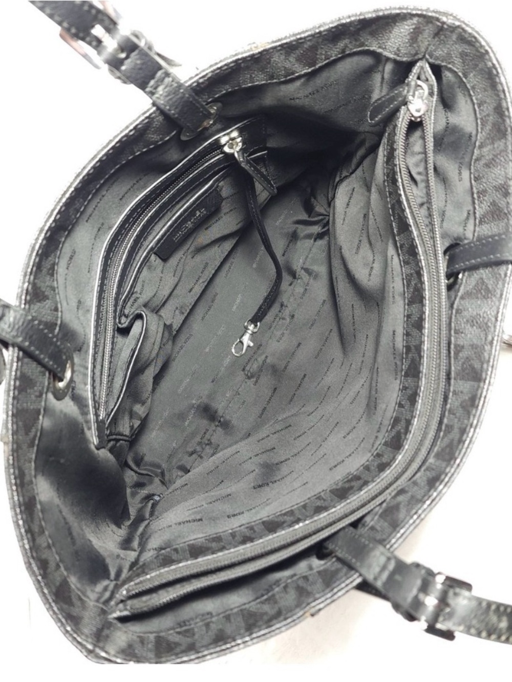 Michael Kors Jet Set Signature Logo Tote Bag Black Monogram Silver Hardware - Picture 6 of 8